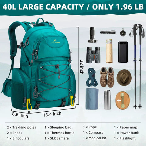 40L Waterproof Hiking Backpack For Outdoor Adventures Go To Ultra Lightweight Daypack With Large Main Compartment and Accessories