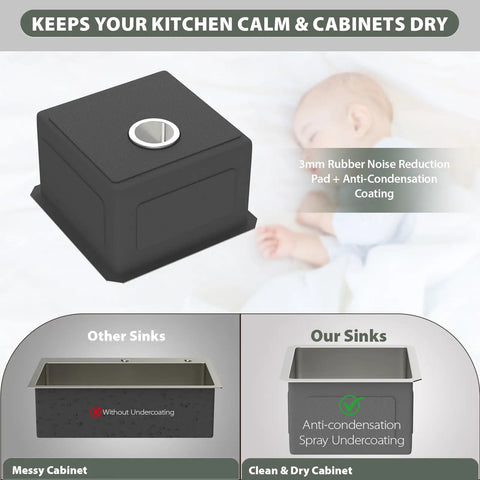 15 By 17 Inch Undermount Bar Sink with anti-condensation coating illustration, showcasing soundproofing features