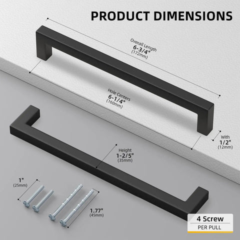 Matte Black Cabinet Handles 22 Pack 6 1/4 Inch Square Bar Drawer Pulls Stainless Steel Hardware dimensions and screws