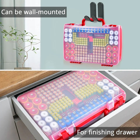 Massive 269 Battery Organizer Case With Built In Tester Dual Sided Storage For AA AAA 9V C D 18650 And Button Cells Keeps Batteries Sorted Easy Access And Ready For Any Household Project, wall-mounted in drawer