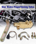 PV4 disc brake proportioning valve kit components: brass valve, mounting bracket, fittings, wiring, foreground engine bay