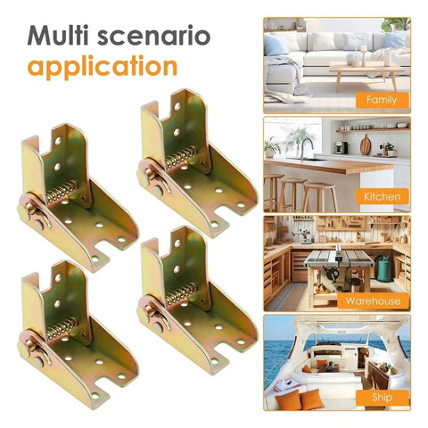 Rock Solid Built Like A Tank Zinc Plated Heavy Duty Four Piece Set Of Ninety Degree Self Locking Folding Hinges For Table Legs in gold color, used for family, kitchen, warehouse, and ship applications.