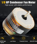 Condenser Fan Motor 1/8 HP 208 230V 825 RPM Drop In Replacement For Trane HVAC Systems, side view of motor with specifications.