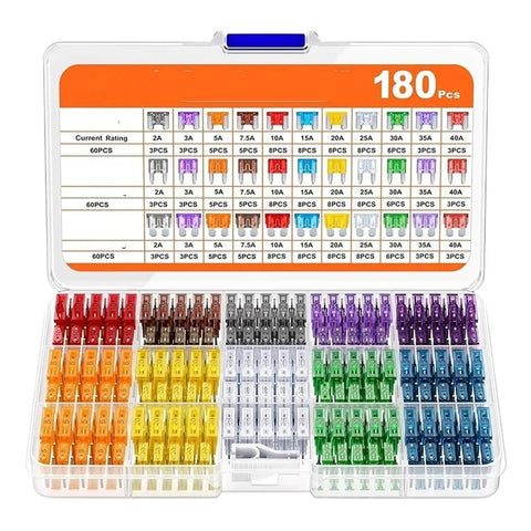 Open box of massive 300 piece mixed car blade fuse set with labeled compartments for cars, trucks, boats, motorcycles, RVs.