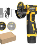 12V Sturdy Angle Grinder With Rechargeable Battery Compact Cordless Power Tool in yellow, with discs, battery, and charger.