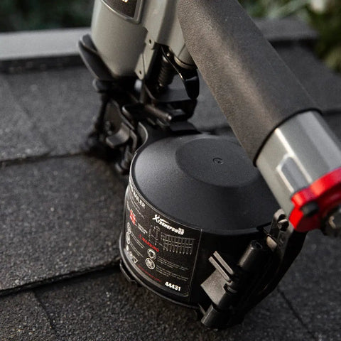 Coil Siding And Roofing Nailer For DIY Pros - Pro Grade Pneumatic 16-Degree Nail Gun on roofing shingles