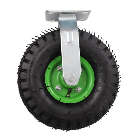 10 Inch Heavy Duty Pneumatic Casters Featuring Smooth Cruising Black Rubber Air Tires Built Like A Tank For Heavy Loads Floor Friendly Bolton Mount with green rim.