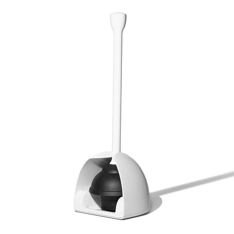 Hassle Free Toilet Plunger With Drip Proof Cover For Zero Mess And Easy Under Sink Storage Features A Wide Flat Handle Delivers Serious Power To Blast Stubborn Clogs Built For Daily Use in white holder.