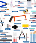 78 Piece Gundam Model Tools Kit For Building And Repairing Plastic Models With Pro Grade Knife And Blades, Precision Nippers, Files, Sandpaper, Cutting Mat, Paint Brushes, Tapes, Screwdrivers, And Hobbyist Essentials kit components layout.