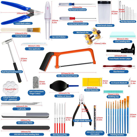 78 Piece Gundam Model Tools Kit For Building And Repairing Plastic Models With Pro Grade Knife And Blades, Precision Nippers, Files, Sandpaper, Cutting Mat, Paint Brushes, Tapes, Screwdrivers, And Hobbyist Essentials kit components layout.