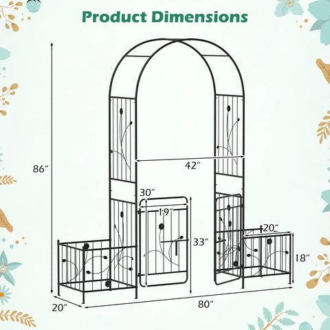 Dimensions diagram of 3 In 1 Garden Arch With Lockable Gate And Side Planters, 86 Inch Metal Arbor Trellis, Elegant Outdoor Archway, Black.