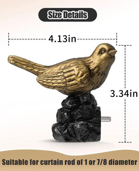 Bird Shaped Curtain Rod Finials Gold Finish Metal Ends For Curtain Rods Easy To Install Set Of 2 Durable Rust Resistant Decor For Windows Or Bedroom Adds Elegant Bird Charm To Your Space, gold bird finial, 4.13 x 3.34 in