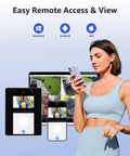 Woman using smartphone with Two Pack 2K Outdoor Security Cameras Add On, 3MP Wireless Surveillance IP Cameras visible on screens