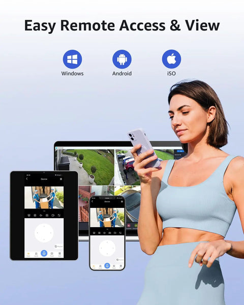 Woman using smartphone with Two Pack 2K Outdoor Security Cameras Add On, 3MP Wireless Surveillance IP Cameras visible on screens