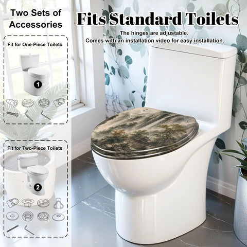 Elongated Misty Mountain Waterfall Landscape Chinoiserie Toilet Seat on standard toilet with an adjustable hinge.