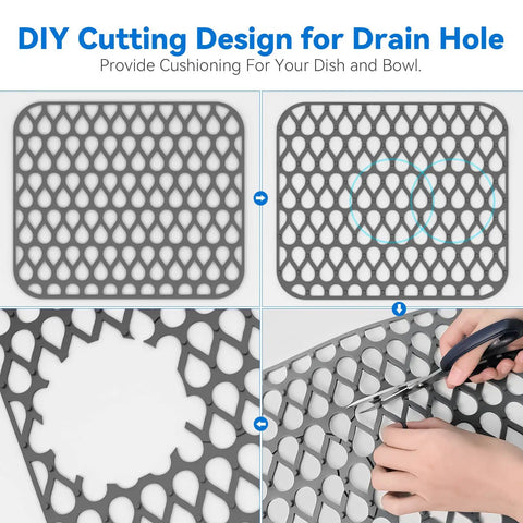 DIY cutting design on 2 Pack Silicone Sink Mats Dope Non Slip Foldable Grids For Kitchen Sinks, showing user cutting mat.