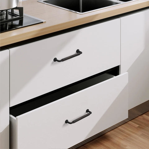 Oil Rubbed Bronze Cabinet Pulls 5 Inch 10 Pack Kitchen Cabinet Hardware installed on white kitchen drawers