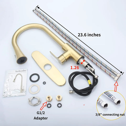 Brushed Gold Pull Down Kitchen Faucet With Sprayer High Arc Single Handle Stainless Steel parts include deck plate and hose.