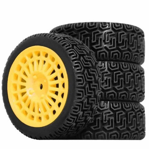 High-Grip 68mm Rally Tire Set For 1/10 RC Cars, Durable rubber wheel tires, stack of four with detailed tread pattern, side view