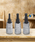 Beefy Three Piece One Quarter Inch Drive Hex Socket Set With H3 H4 H5 Inner Hex Bits In Chrome Vanadium Steel 38mm Length Durable Hand Tool Kit For Factory Repairs Shop Projects And Home Furnishings displayed on a wooden table.