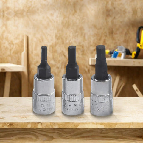 Beefy Three Piece One Quarter Inch Drive Hex Socket Set With H3 H4 H5 Inner Hex Bits In Chrome Vanadium Steel 38mm Length Durable Hand Tool Kit For Factory Repairs Shop Projects And Home Furnishings displayed on a wooden table.