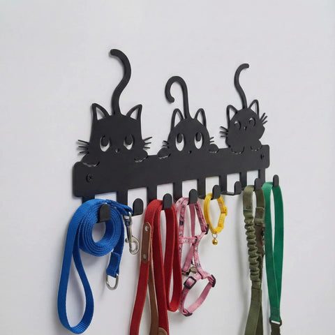 Wall Mounted Key Hooks With Eight Hooks Black Cat Themed Key Holder Rack For Home Decor Entryway Hallway Dog Leash Organizer