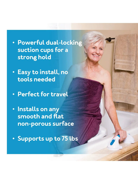 Elderly person using 12-Inch Suction Shower Grab Bar With Ultra Grip Dual Locking Cups For Strong Stability In Bathtubs And Showers Easy Install Travel Ready Perfect For Seniors Disabled And Elderly Assistance