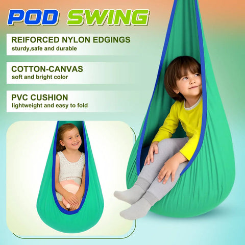 Children in green pod chair, part of Sensory Swing Stand Frame With Pod Chair And Swing Set Heavy Duty Metal Frame For Indoor And Outdoor Use Autism Therapy Hammock Chair Tree Saucer Round Swing For Kids And Adults Backyard Park Gradient Green.