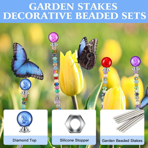 Kick Up Your Garden Game With This DIY Beaded Stake Kit Set Of 8 Threaded Rods Paired With Hex Nuts And Diamond Stopper Caps To Create Magical Fairy Yard Decor That Will Seriously Level Up Your Outdoor Vibes, featuring colorful beaded garden stakes.