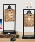 Farmhouse Rattan Table Lamps Set of 2 with Boho Vibe, Touch Control, USB ports, AC outlet, natural rattan shade, LED bulbs shown.