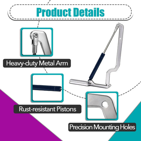 Product details showing Hydraulic Deck Box Hinges Replacement Kit for Most Outdoor Storage Boxes Includes 2 Sets With 8 Screws.
