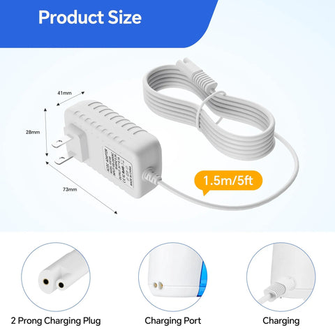Replacement 3V 2 Prong Charger Power Cord For Waterpik Cordless Water Flosser WP360 WP360W WP360C WP400 WP440 WP440C WP450 1.5m length shown