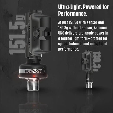 Side view of Uno Single-Sided Power Meter Pedal Bundle with weight info, showcasing lightweight design and performance features.