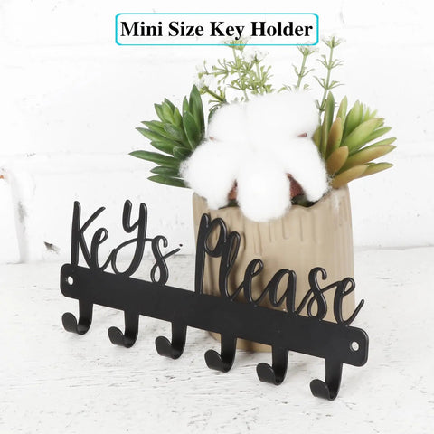 Keys Please Wall Mounted Mini Key Holder Iron Black Decor Rack With Six Hooks on display with plants in the background