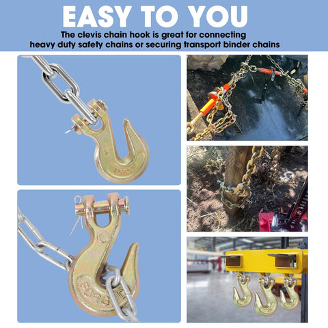 Four Pack Five Sixteenth Inch Heavy Duty Chain Hook Set With Grade 70 Forged Steel Clevis Grab Hooks in use and on display