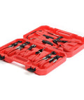 Red plastic case with 9 Piece Hose Clamp Pliers Set For Fuel Oil And Water Hoses, Long Reach Hose Clamp Remover Kit inside.