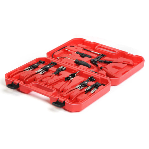 Red plastic case with 9 Piece Hose Clamp Pliers Set For Fuel Oil And Water Hoses, Long Reach Hose Clamp Remover Kit inside.