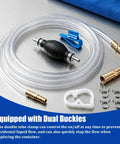 Heavy Duty Manual Car Gasoline Siphon Hose Pump With High Flow PVC Tube For Rapid Fuel And Water Transfer Portable Hand Pump components including clear tube and dual buckles.
