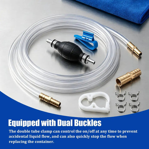 Heavy Duty Manual Car Gasoline Siphon Hose Pump With High Flow PVC Tube For Rapid Fuel And Water Transfer Portable Hand Pump components including clear tube and dual buckles.
