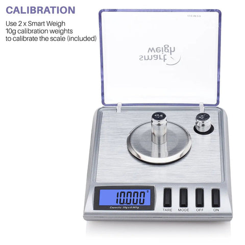 Top Notch Milligram Jewelry Scale With 0.001 g Readout for Gemstones and Fine Gold showing calibration weights