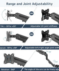 Rugged Pole Mount Monitor Arm Featuring Smooth Gas Spring Design For 17 To 32 Inch Displays showing joint adjustability and angle range.