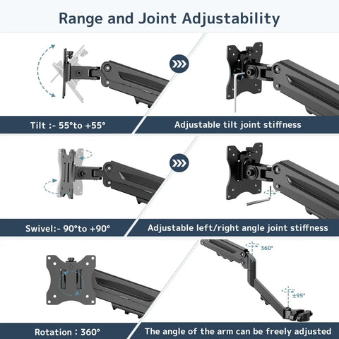 Rugged Pole Mount Monitor Arm Featuring Smooth Gas Spring Design For 17 To 32 Inch Displays showing joint adjustability and angle range.