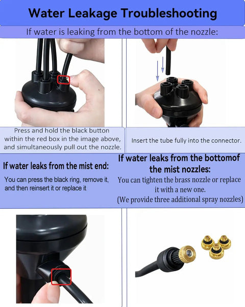 Instructions for handling water leakage in Outdoor Misting System With Adjustable Stand And 360° Flexible Hose Ultra Fine 0.5mm Nozzles For Patio Cooling Backyard Oasis Poolside And BBQ Includes 26Ft Hose And Tripod.