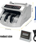 Cash Counter Machine With Counterfeit Detection And Multi Tech UV MG IR MT For USD EUR CAD MXN GBP Add Batch Mode LCD Display Fast 1000 Bills Per Minute Single Denomination Value Count Easy Bulk Cash Handling, shown with size dimensions, cleaning brush, and power cord.
