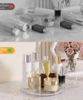 Smooth Spin Bathroom Vanity Tray For Counter 2 Pack 9 Inch Rotary Makeup Organizer showcasing organized skincare and perfume bottles.