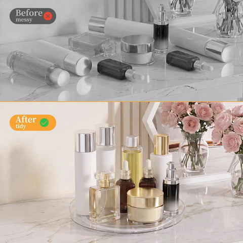 Smooth Spin Bathroom Vanity Tray For Counter 2 Pack 9 Inch Rotary Makeup Organizer showcasing organized skincare and perfume bottles.