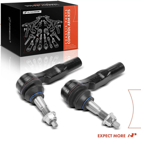 Front Outer Tie Rod End Replacement For Chevy Equinox 2010-2017, GMC Terrain 2010-2017, Cadillac SRX 2010-2016, Front Outer Left And Right Driver And Passenger Side, Helps Fix Uneven Tire Wear And Improve Steering. Pair of black steel tie rod ends with box.