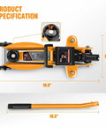 Low-Profile Hydraulic Trolley Floor Jack, 2 Ton Capacity, Lifting Range 5.1 To 13 Inches, Orange, top view with handle shown