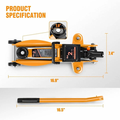 Low-Profile Hydraulic Trolley Floor Jack, 2 Ton Capacity, Lifting Range 5.1 To 13 Inches, Orange, top view with handle shown