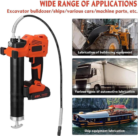 Cordless Grease Gun Kit With Two Batteries And Carrying Case, 20V High Pressure 10000 PSI Pro Grease Pumper, showing various applications.